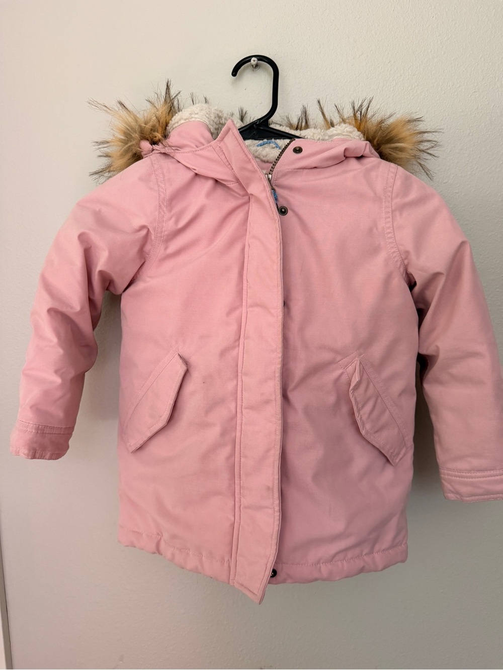 Mini Boden Pink Sherpa-Lined Jacket with Cream Faux Fur